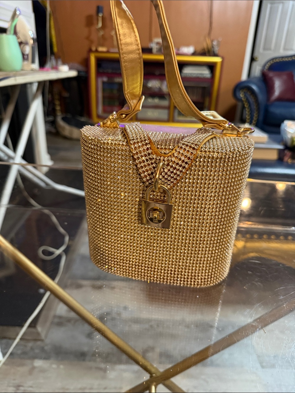 Gold Crystal Embellished Bucket Box Handbag - Designer Style